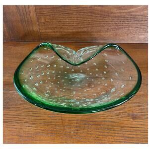 Murano Style Art Glass Green Folded Bowl Lilly Pad  Bullicante Controlled Bubble